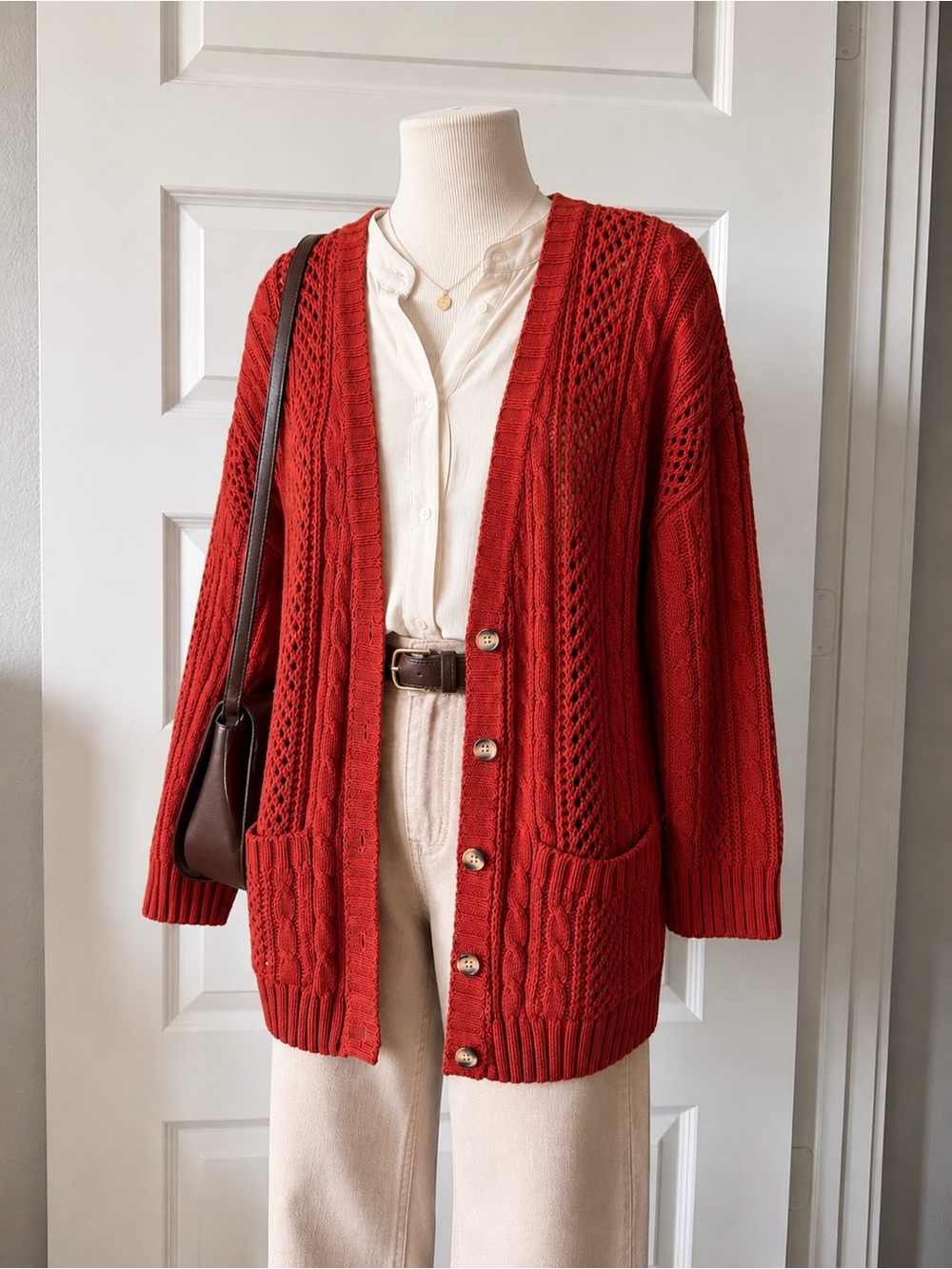 Vintage Cabin Creek Cable Knit Oversized Cardigan XL Orange Grandpa Sweater